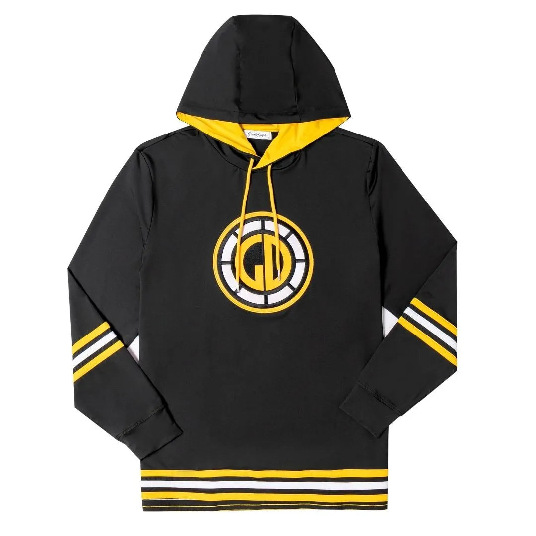 The Grunk Dolfer Happy Gee Hoodie is a black sweatshirt with yellow lining, drawstrings, and bold yellow-white chest emblem. Yellow and white stripes accent the sleeves and hem for a stylish Happy Gilmore-inspired look.