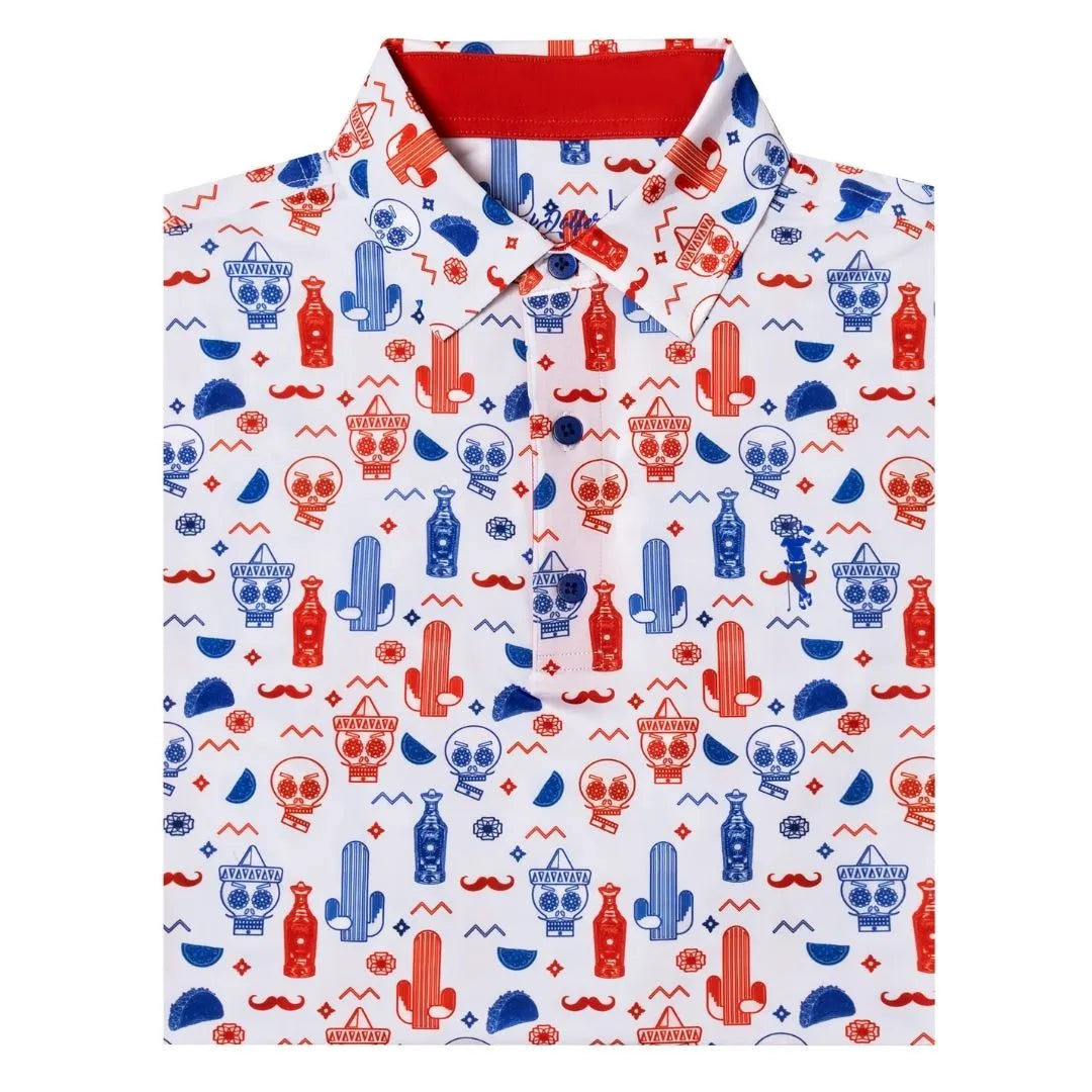 The Patriot Drinko by Grunk Dolfer is a folded collared golf polo with playful red and blue skulls, cacti, mustaches, and bottles on white, plus a bright red inner collar—perfect for your next drinking sport event.