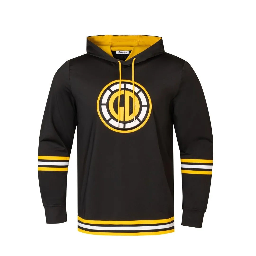 The Happy Gee Hoodie by Grunk Dolfer features black fabric, yellow and white stripes on the sleeves and hem, yellow drawstrings, and a circular yellow, white, and black chest graphic—ideal for any fan!.