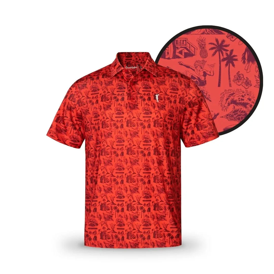The Grunk Dolfer "Red Hawaiian" polo features a bright red color, short sleeves, collar, and an all-over black tropical print with palm trees, waves, and island scenes—ideal for your next Hawaiian golfing day. Circular close-up shows the intricate pattern.
