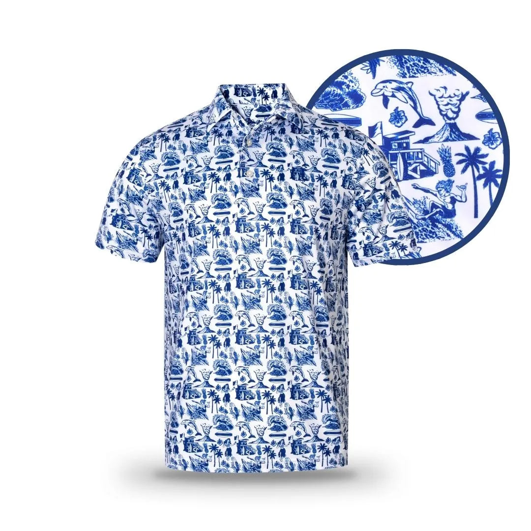 The Grunk Dolfer White Hawaiian is a short-sleeve button-up golf polo with a white background and intricate blue print featuring surfers, palm trees, and waves; close-up inset reveals the detailed design pattern.