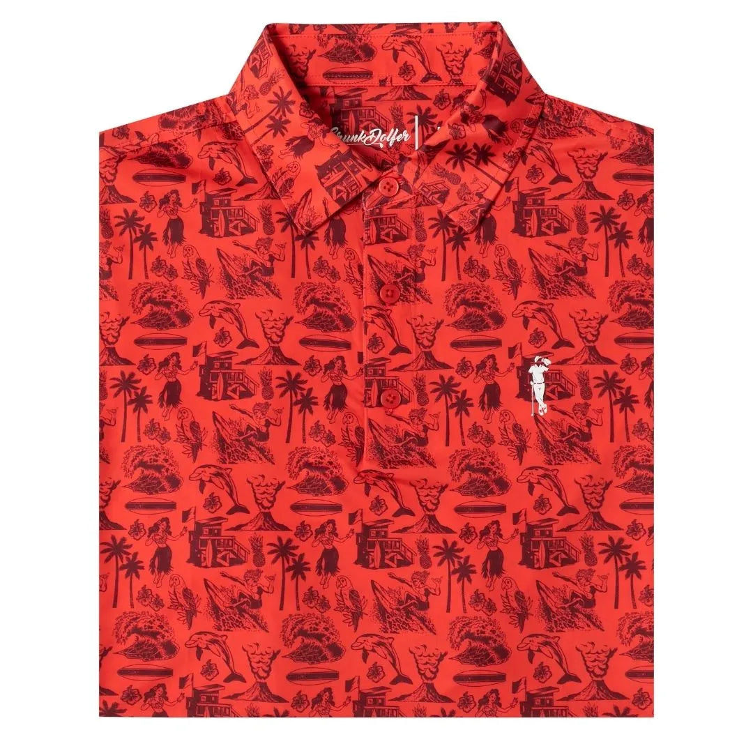 The Grunk Dolfer Red Hawaiian is a collared shirt with a black tropical pattern and a small white embroidered figure on the left chest—ideal for relaxing or golfing in style.