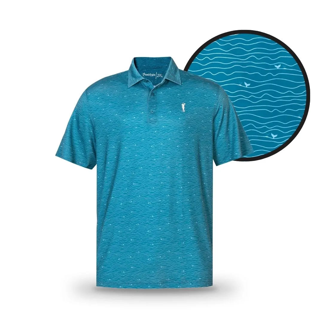 The Grunk Dolfer Subtle Ocean polo in turquoise showcases a wavy ocean pattern with small white birds, highlighted in a circular close-up—an office-ready, professional choice.