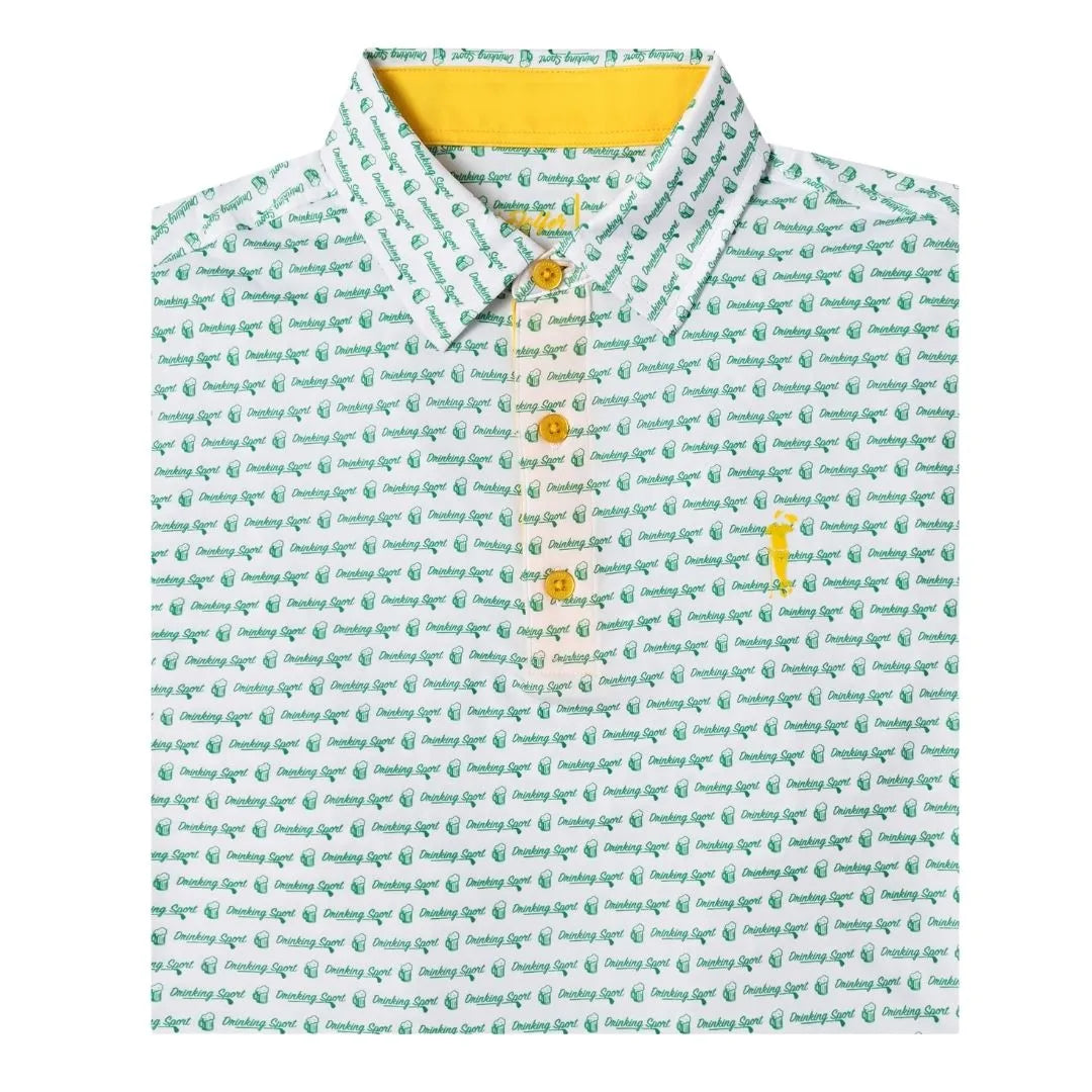 The Grunk Dolfer Drinking Sport Master is a lightweight, breathable white golf polo with a green repeating Masters logo pattern, yellow buttons, yellow collar accent, and a small yellow chest logo.