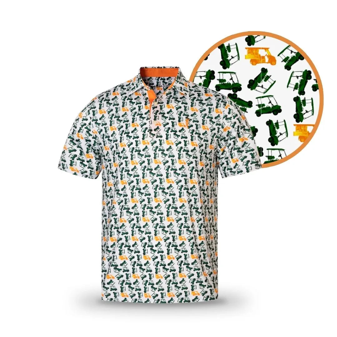 The Bevy by Grunk Dolfer is a white short-sleeve golf polo with an all-over green and yellow tractor print. A close-up shows the playful pattern—ideal for sipping drinks or cruising with the beverage cart on the course.