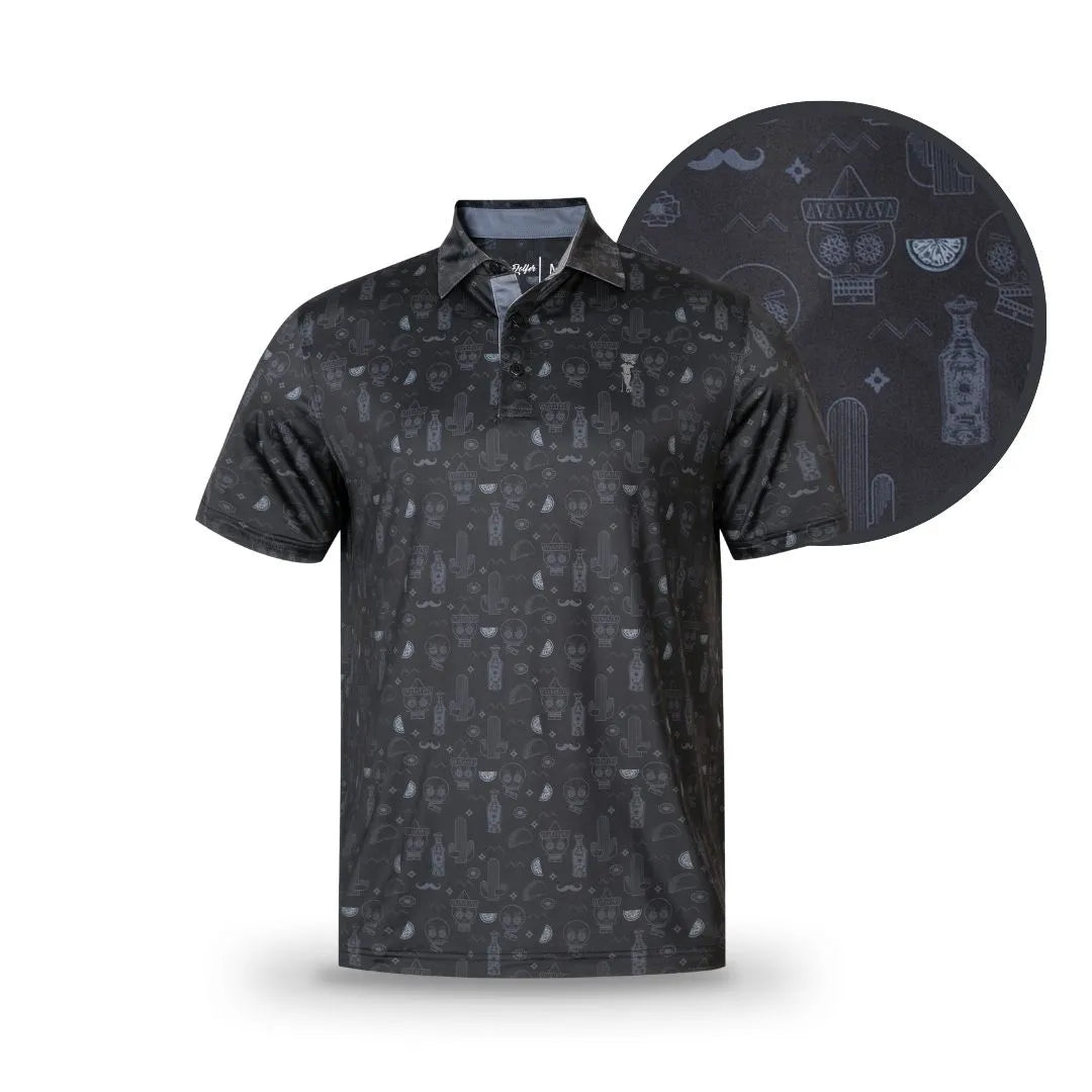 The Grunk Dolfer Member Drinko is a black short-sleeve shirt with a subtle all-over print of cacti, bottles, sombreros, mustaches, and maracas. Made from lightweight sweat-wicking fabric, its playful pattern pops in the circular close-up.