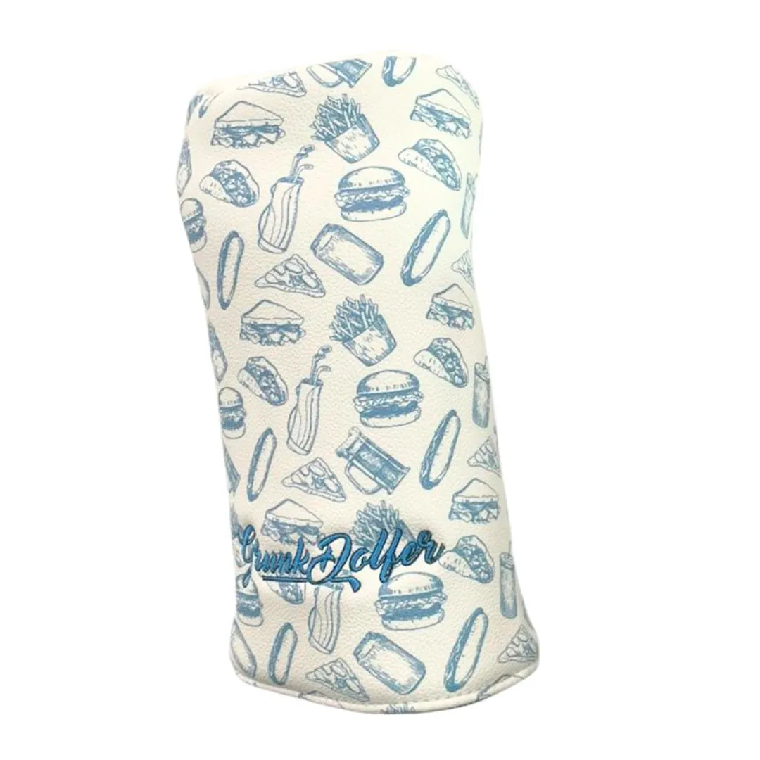 Introducing the Chunkman Driver Cover by Grunk Dolfer—a white headcover with playful burger, fries, and drink illustrations in blue, plus Grunk Dolfer written in blue script at the bottom.