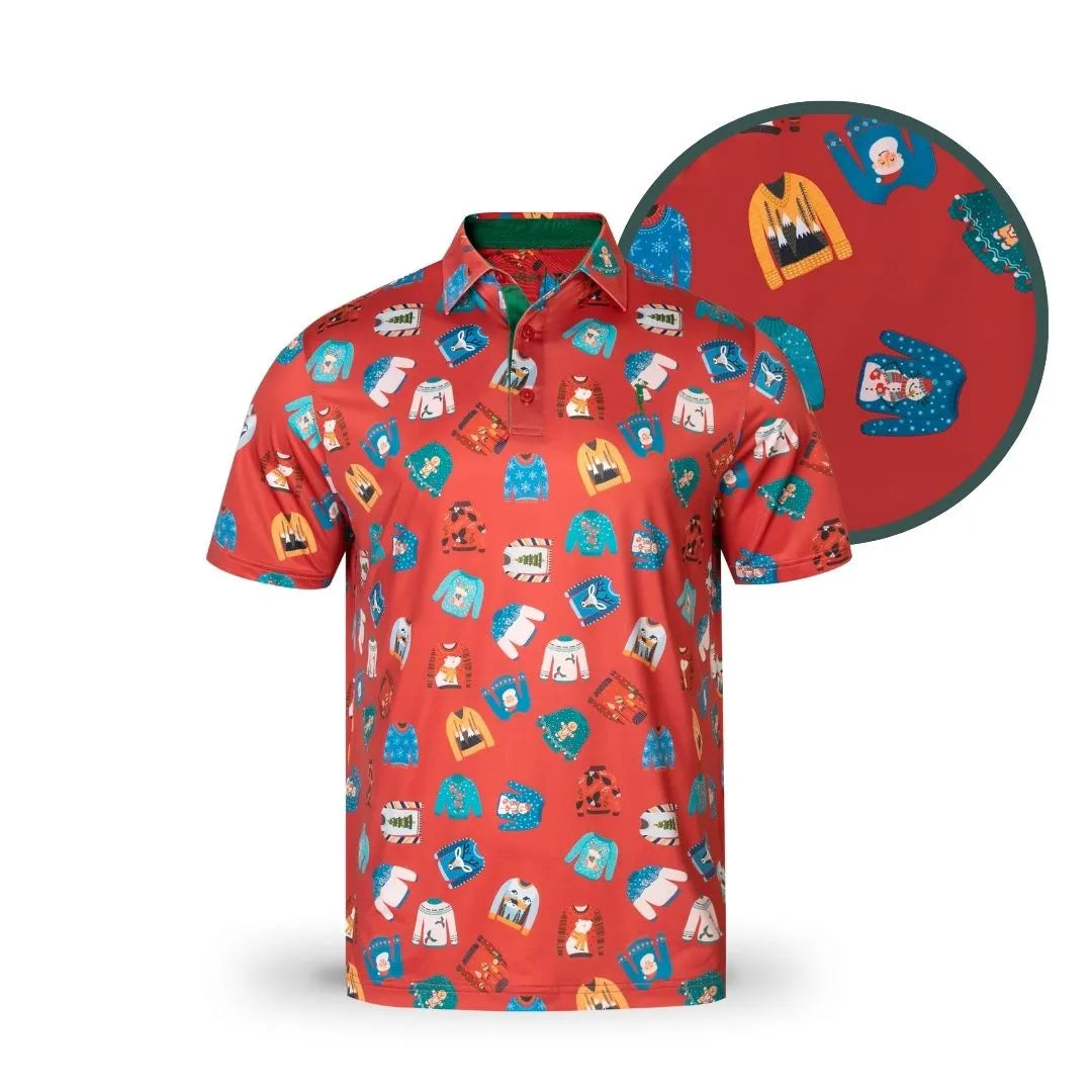 The Grunk Dolfer Ugly Sweater Polo features a red base with a playful pattern of holiday sweaters, including snowmen, Christmas trees, and reindeer. A close-up view shows off its festive details—perfect for the season.