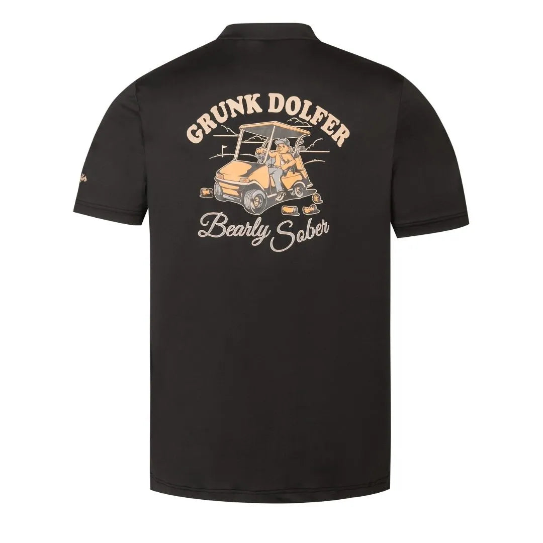 The Bearly Sober Tee by Grunk Dolfer is a black polo featuring a cartoon bear driving a golf cart, with Grunk Dolfer above and Bearly Sober below—ideal for fans of funny golf shirts or quirky bear tees.