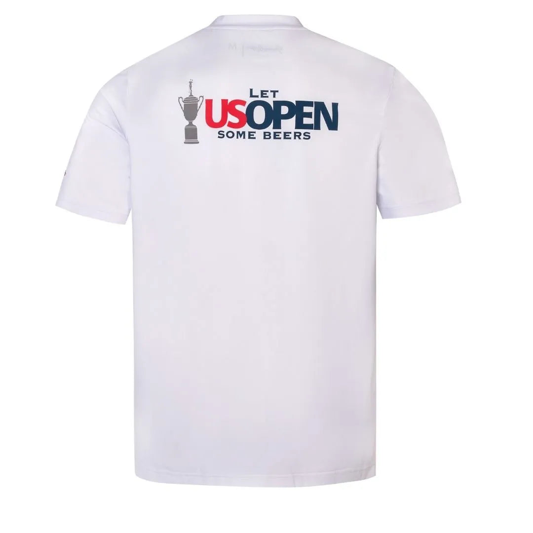 The Grunk Dolfer Open Beers Tee is a white shirt featuring a back graphic with a trophy and bold red, blue, and black LET US OPEN SOME BEERS text—ideal for golf fans or anyone looking to add style to their US Open shirt collection.