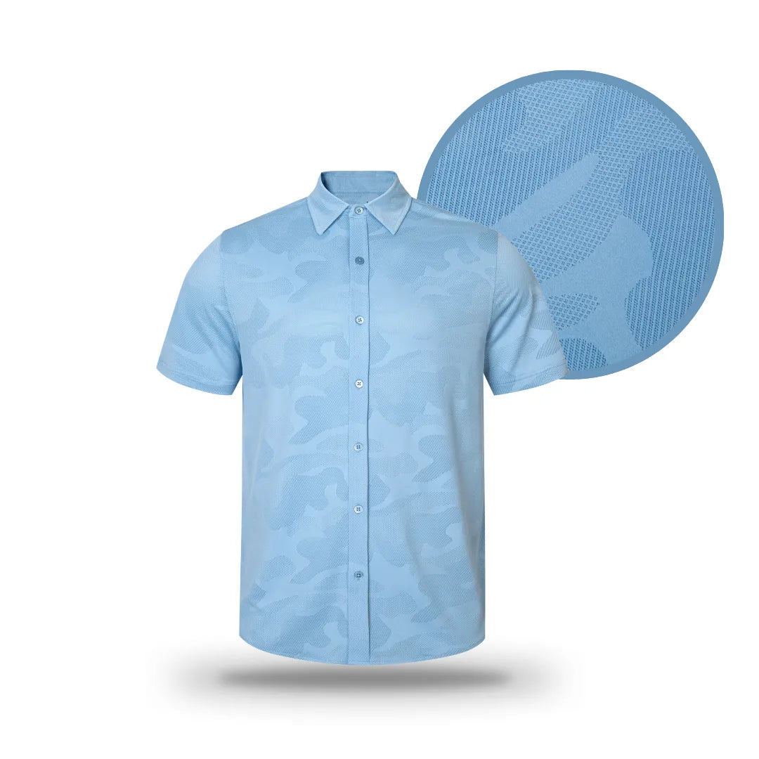 The Grunk Dolfer Closet Grunk Button Down Blue is a light blue jacquard shirt with a subtle camouflage pattern, featuring textured fabric for added style.