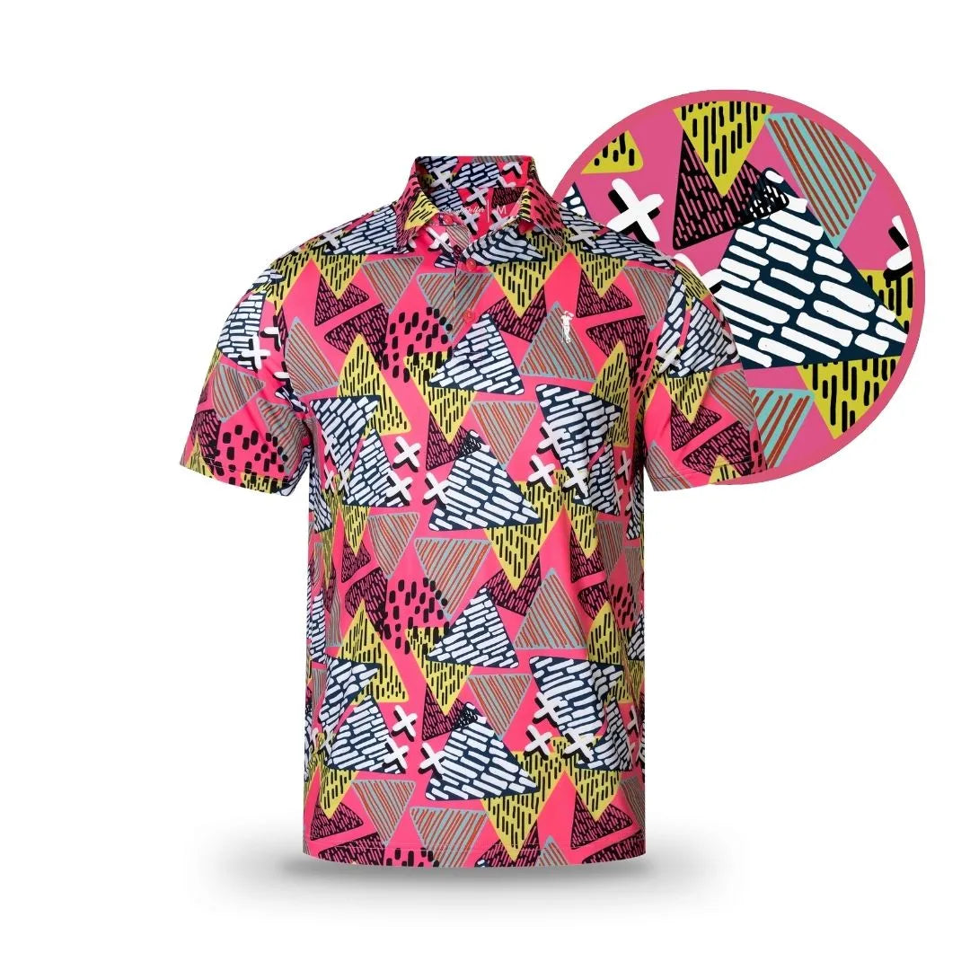The Saved By The Bell short-sleeve button-up by Grunk Dolfer features a bold 90s-inspired abstract pattern in pink, yellow, black, and white geometric shapes—perfect for fans of nostalgic style. Zoomed details show off the vibrant design.