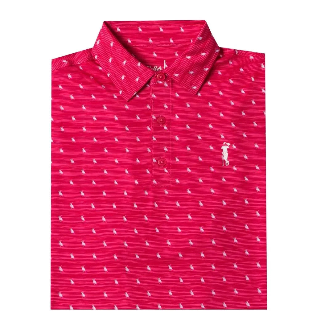 The Grunk Dolfer Dirty Birdie is a neatly folded red polo with subtle horizontal stripes and white golfer icons, featuring a collar and three buttons—perfect for golf enthusiasts.