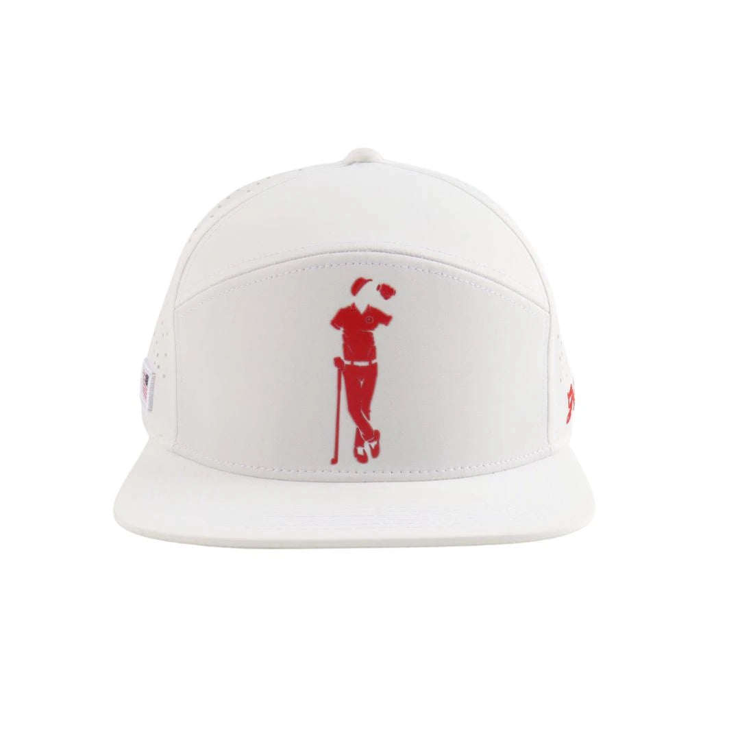The Grunk Dolfer White Grunk Open Hat showcases a red golfer silhouette on the front, making it a stylish choice for U.S. Open fans.