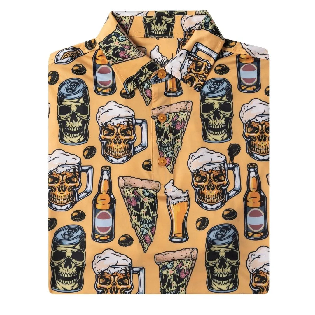 The Grunk Dolfer Drunken Nightmare polo, folded in yellow, sports a colorful cartoon print of skulls, beer mugs, pizza, bottles, soda cans, and coffee beans. Finished with a collar and brown buttons, it’s the perfect quirky golf shirt.