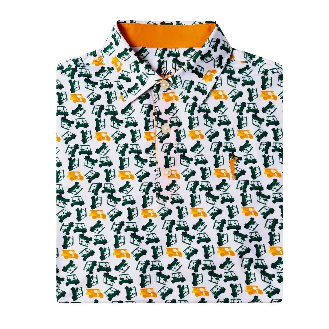 The Bevy by Grunk Dolfer is a folded collared golf polo with green and yellow deer repeating on white, plus an orange inner collar—ideal for your next round or a trip to the beverage cart during your favorite drinking sport.