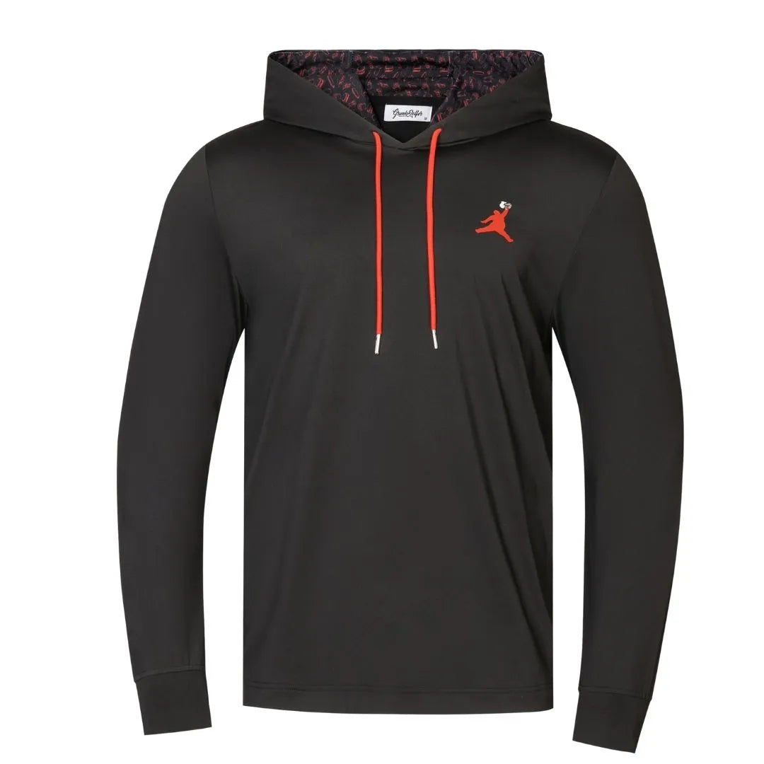 The Grunk Dolfer ChunkMan Hoodie is a black heavyweight hoodie with red drawstrings, a patterned hood lining, and a small red jumping silhouette on the chest—designed for comfort and ideal for dad bods.