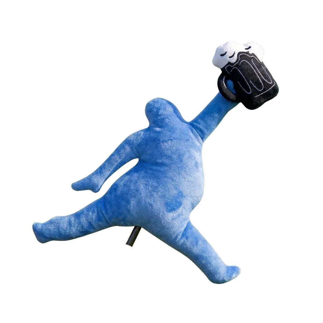 The Grunk Dolfer Chunkman Plush Hybrid Cover is a blue, human-shaped golf head cover holding a black and white plush beer mug in one hand, posed mid-stride for a playful and energetic look.