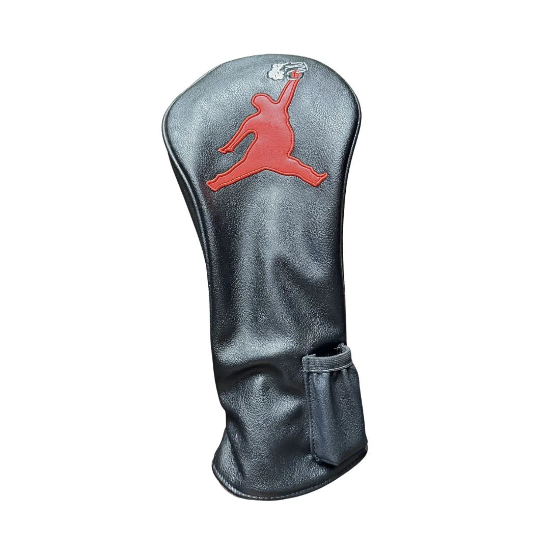 The Grunk Dolfer Chunkman Driver Cover is a premium real leather, hand-made head cover with a red jumping figure logo and a side pocket, offering stylish protection for your clubs.
