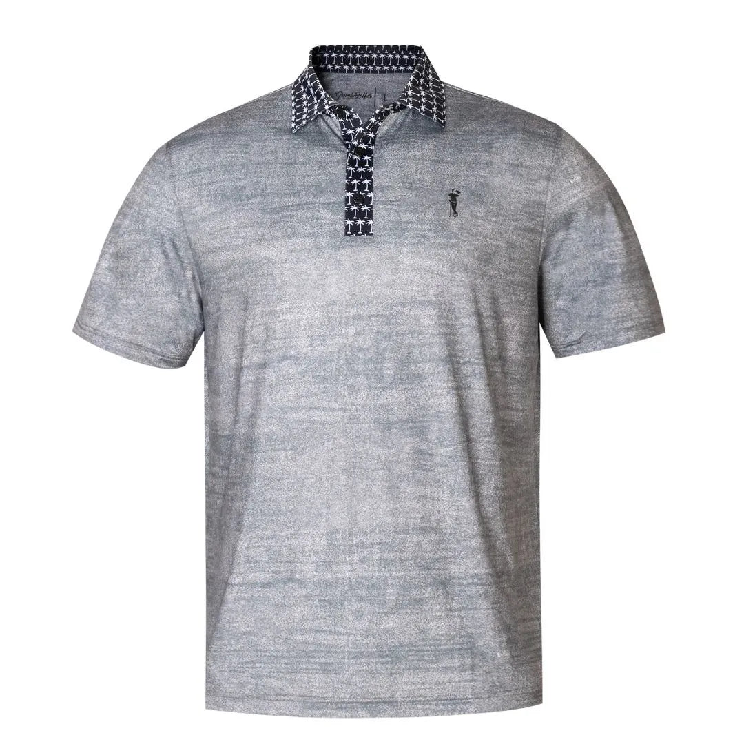 The Grunk Dolfer Grey Palm Pop is a light gray textured short-sleeve polo with a dark patterned collar and placket, plus a subtle chest logo—understated style for when you want to reveal your wild side.