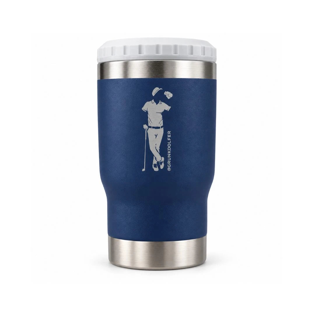 Blue Stainless Grunk Koozie insulated beer bottle cooler with a white rim and a logo of a golfer leaning on a club.