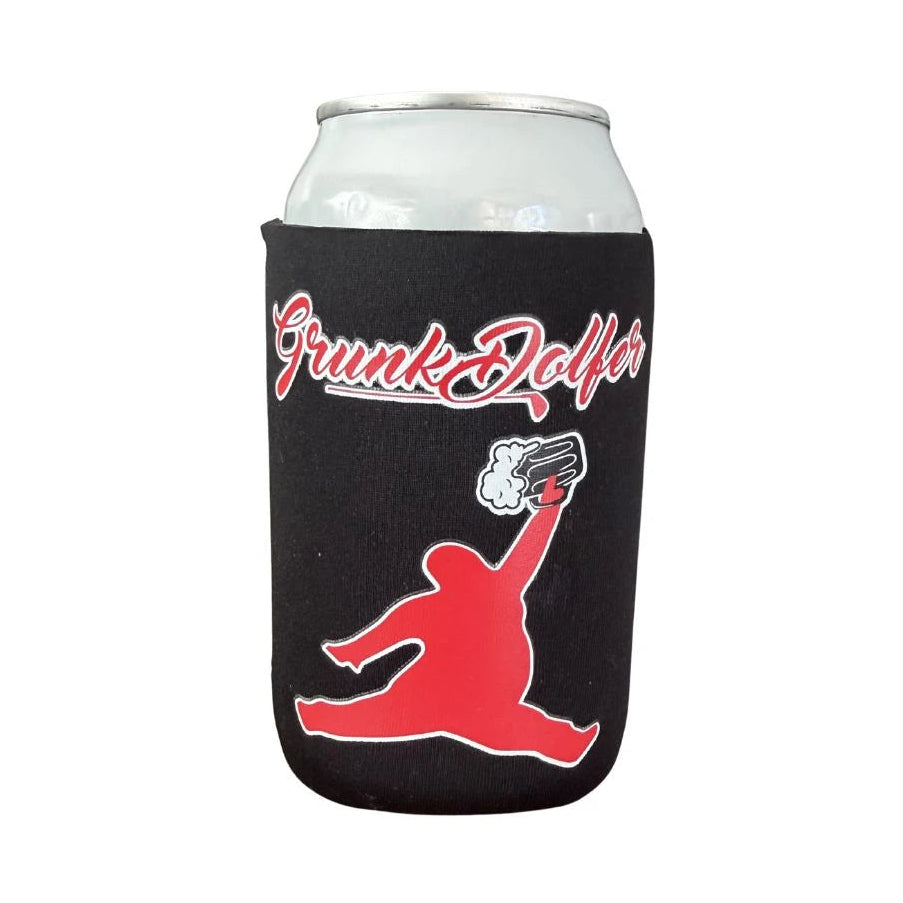 The Grunk Dolfer Red Chunkman Koozie is a black insulated drink holder with a red jumping figure and “Drunk Jolf” text—ideal as a fun golf cart accessory.