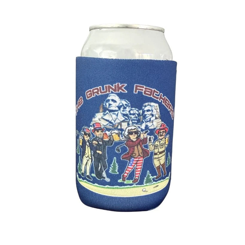 A white can in a Grunk Fathers Koozie by Grunk Dolfer featuring cartoon U.S. presidents with drinks before Mount Rushmore and the text “The Grunk Fathers” above.