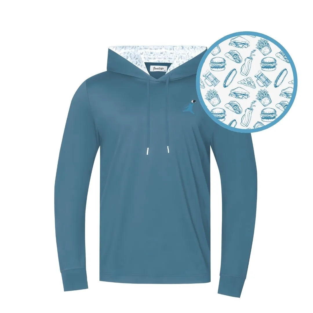 The Blue ChunkMan Hoodie by Grunk Dolfer features a white hood lining and playful blue food illustrations—like burgers, fries, and hot dogs—making it the perfect comfy, stylish pick for dad bods.
