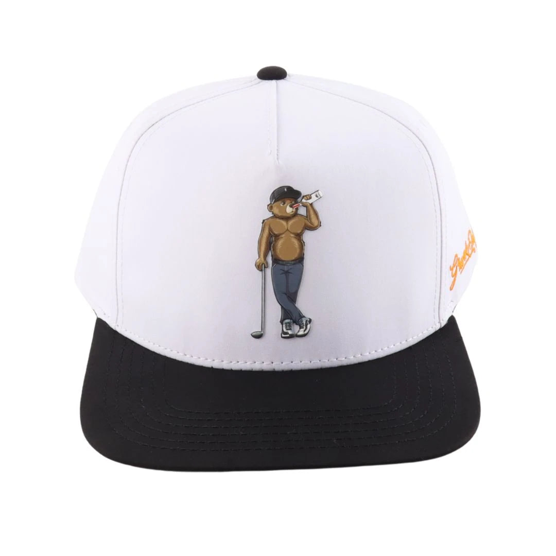 The Grunk Dolfer Bearly Sober Hat is a white and black cap featuring a cartoon golfer holding a club and drink on the front—perfect for adding some fun to your golf rounds.