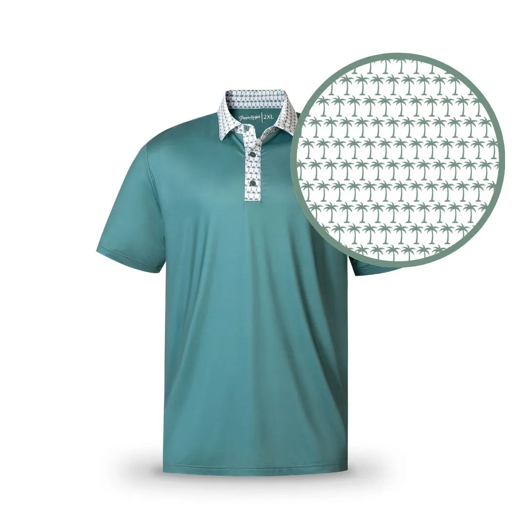 The Grunk Dolfer Minty Palm polo features short sleeves, a white collar and placket, and a small green palm tree pattern on teal. A magnified view shows the silky smooth fabric and repeating palm design.