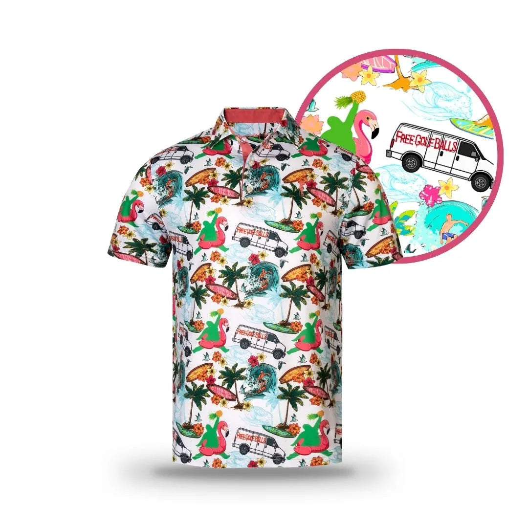 Logie's Wet Dream by Grunk Dolfer is a short-sleeved button-up with a bold print of palm trees, flamingos, and white vans labeled “Free Golf Balls” plus the Chunkman logo, all accented with playful Logi Joe’s Golf touches.