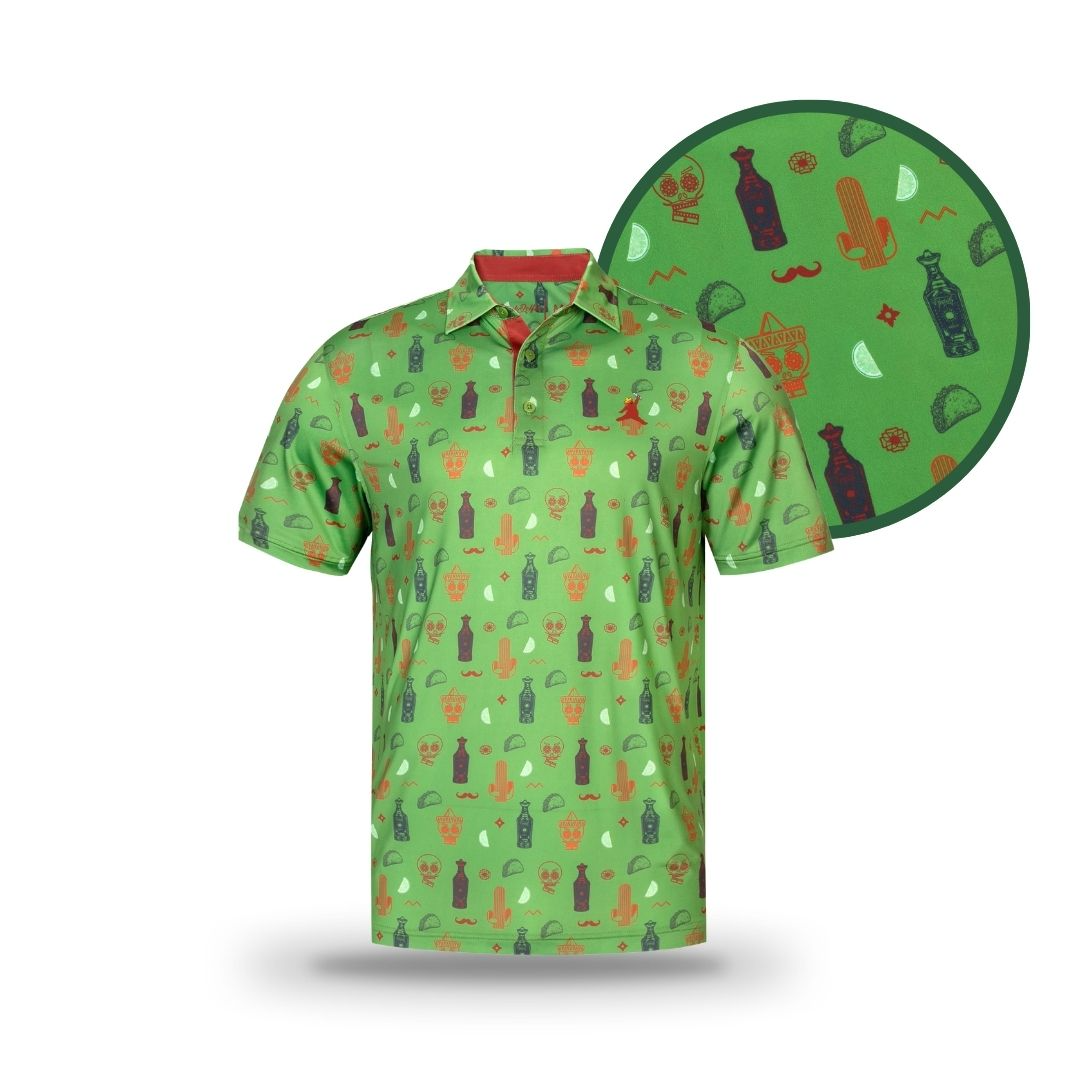 The Drinko De Chunk by Grunk Dolfer is a green short-sleeve polo with a fun print of cacti, mustaches, sombreros, chili peppers, bottles, and limes. This limited edition golf shirt adds a festive touch to any look.