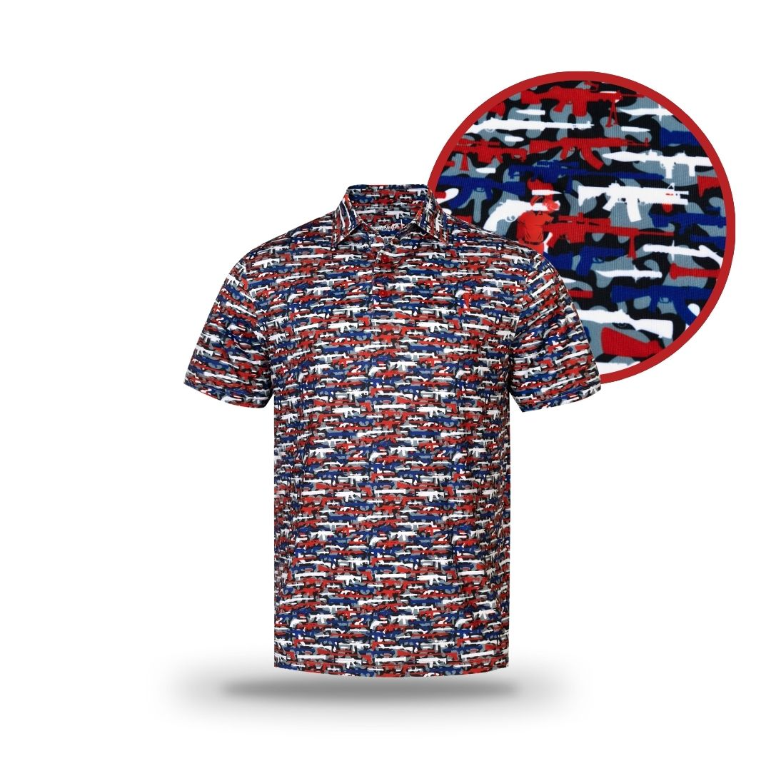 The Grunk Dolfer Patriot Gamo Polo is a short-sleeve, button-up golf shirt with a red, white, and blue camo print featuring rifle silhouettes. A close-up shows the gun-themed pattern; the polo is displayed on a white background.