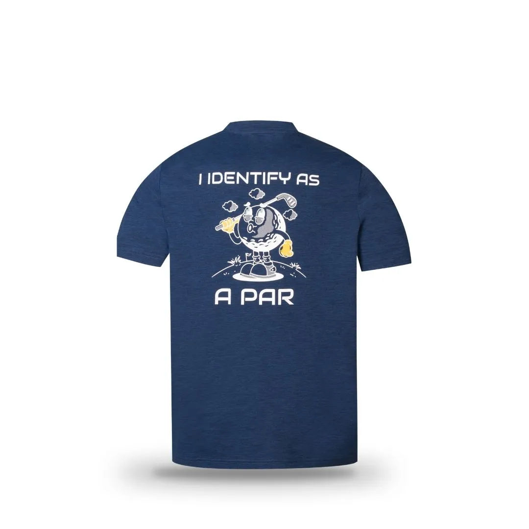 The Grunk Dolfer "I Identify As Par Tee" is a navy blue recycled polyester golf shirt with a cartoon parrot lifting dumbbells on the front and "I IDENTIFY AS PAR" in white on the back—perfect for fun, lighthearted style on and off the course.