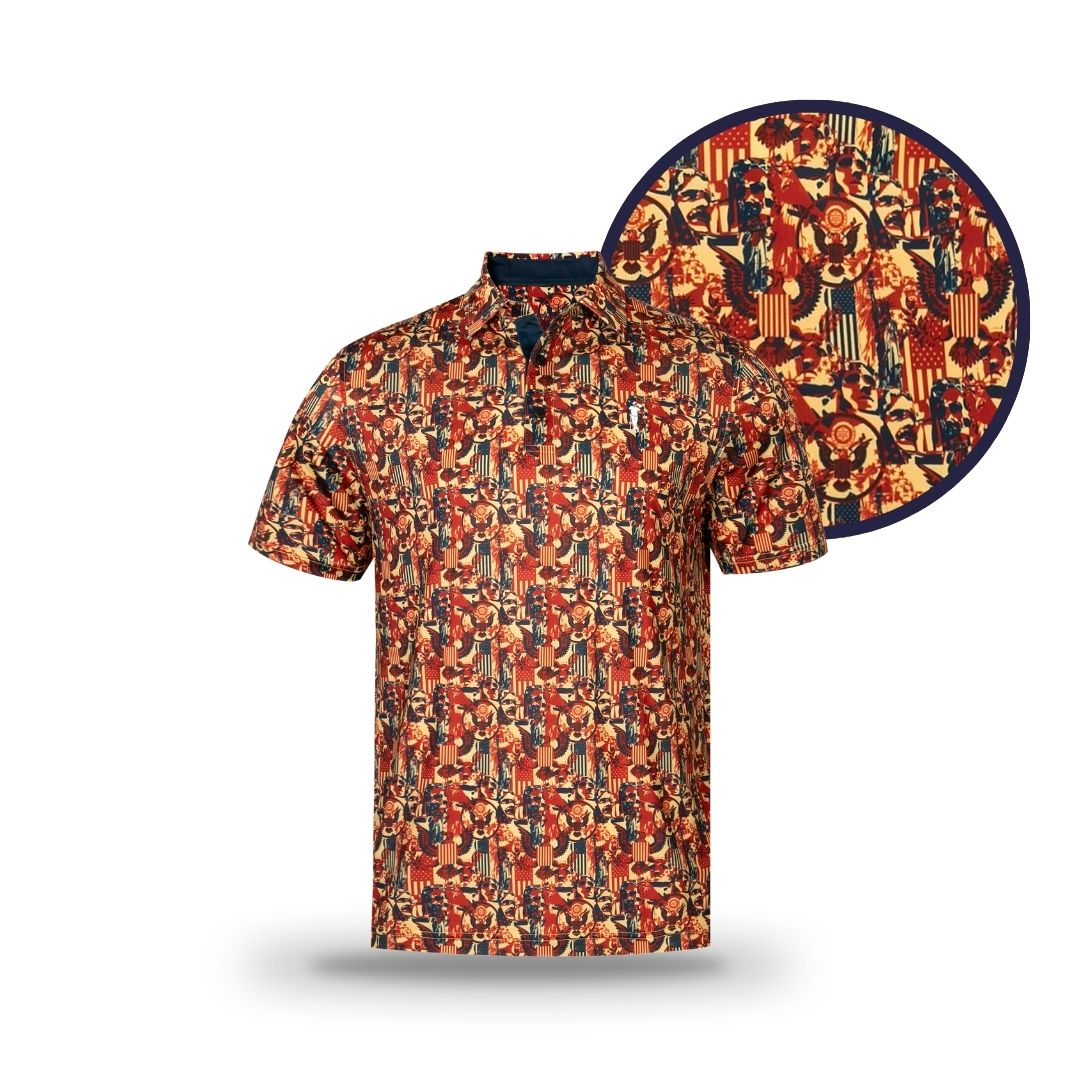 The Grunk Dolfer "Grunk fathers" short-sleeved collared shirt showcases a vibrant red, yellow, and blue abstract pattern inspired by vintage Americana. A circular close-up reveals the fabric's intricate design details.