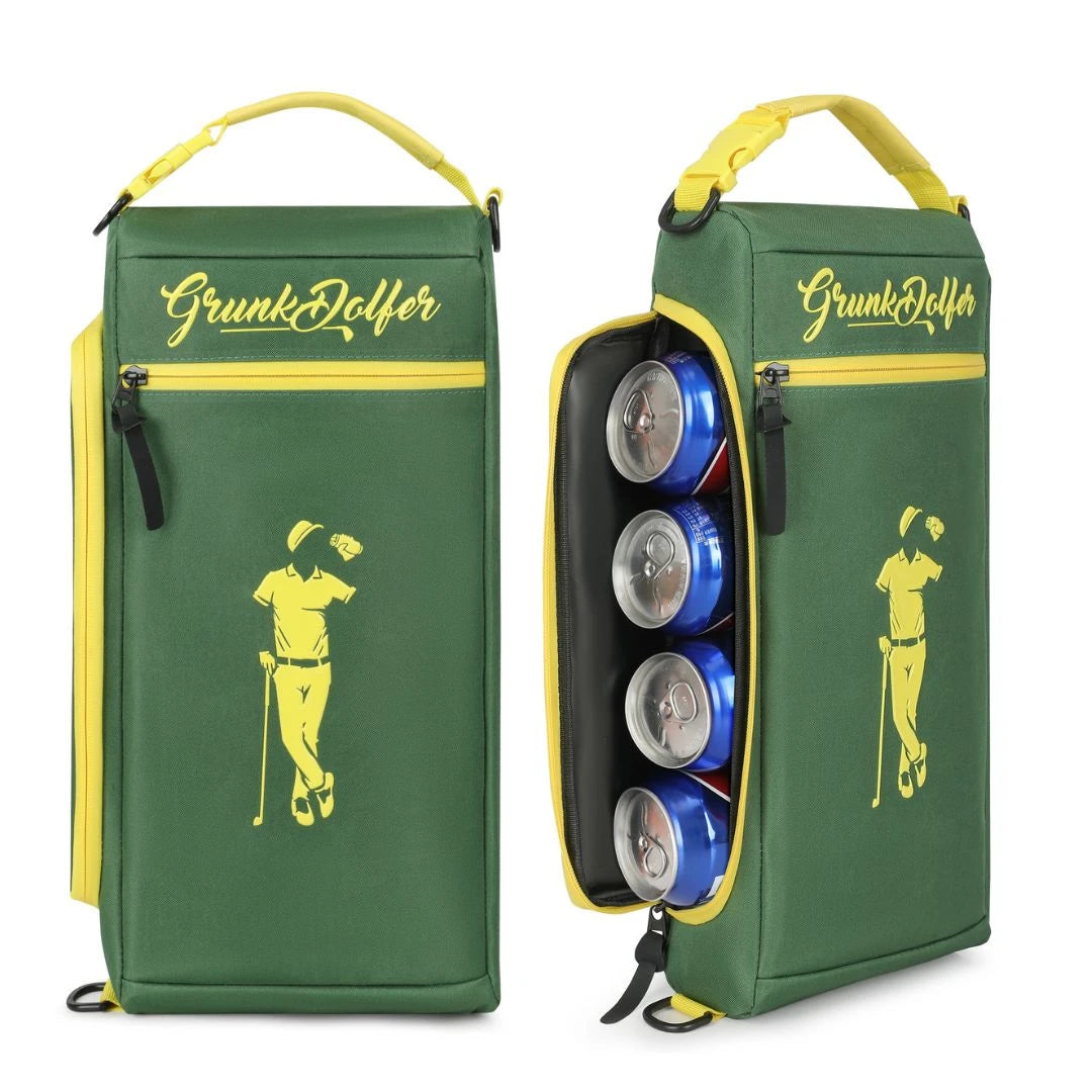 Two green and yellow insulated Green Closet Grunk Coolers from Grunk Dolfer, each featuring a golfer graphic. One cooler is open to display its capacity for six soda cans—perfect as a slim, handy course companion—while the other remains closed to showcase the front design.