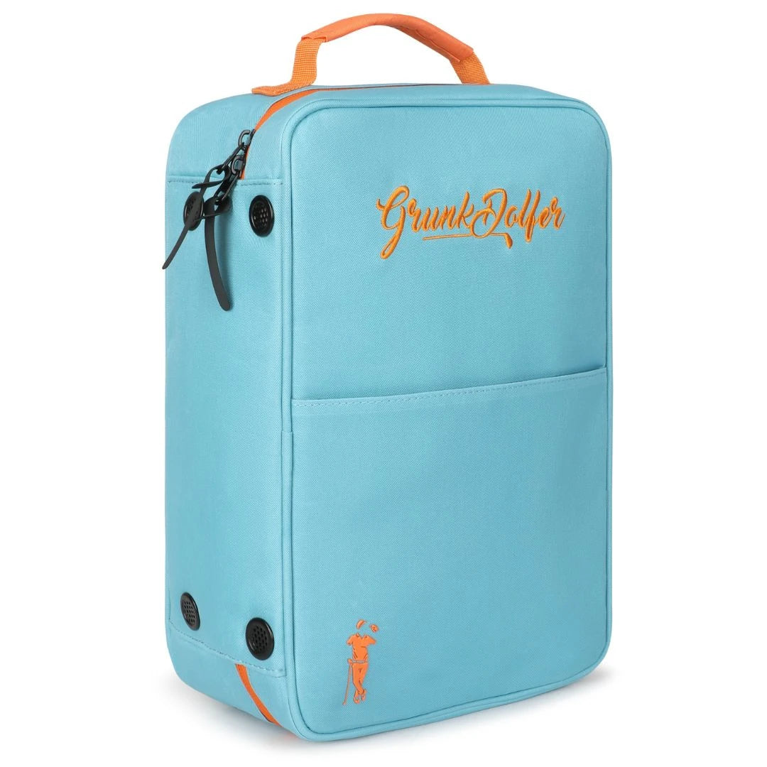 The Blue Shoe Bag by Grunk Dolfer is a light blue rectangular travel bag with an orange handle and zippers, featuring the Grunk Dolfer name and golfer logo in orange. This waterproof golf shoe organizer includes a front pocket and black grommets near the base, making it ideal for storing your golf shoes on your next round.