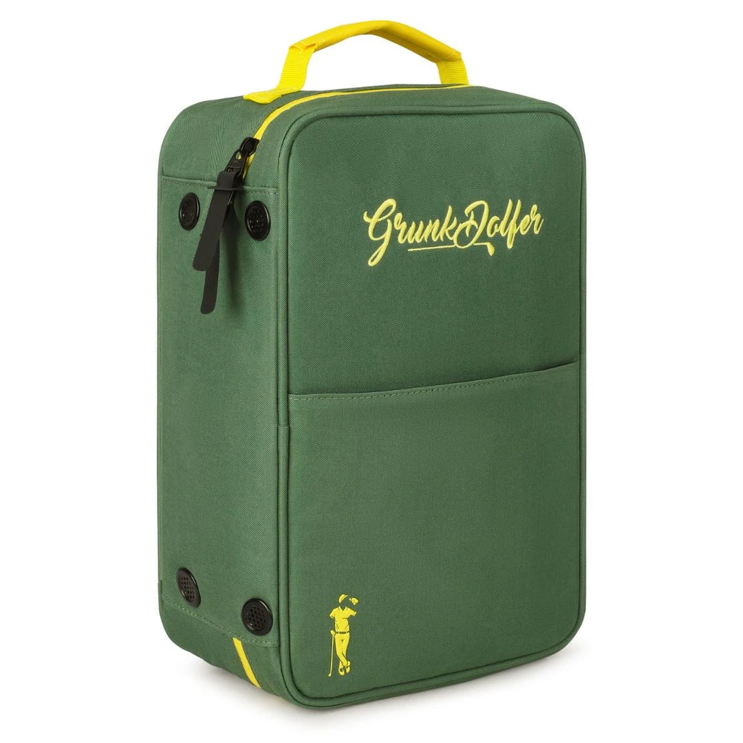 Introducing the Green Shoe Bag by Grunk Dolfer: This stylish rectangular golf shoe organizer features eye-catching yellow accents, a convenient yellow handle, and the Grunk Dolfer logo in yellow script on the front. A small golfer graphic decorates the lower front corner, making this waterproof bag both practical and fashionable for keeping your golf gear protected.