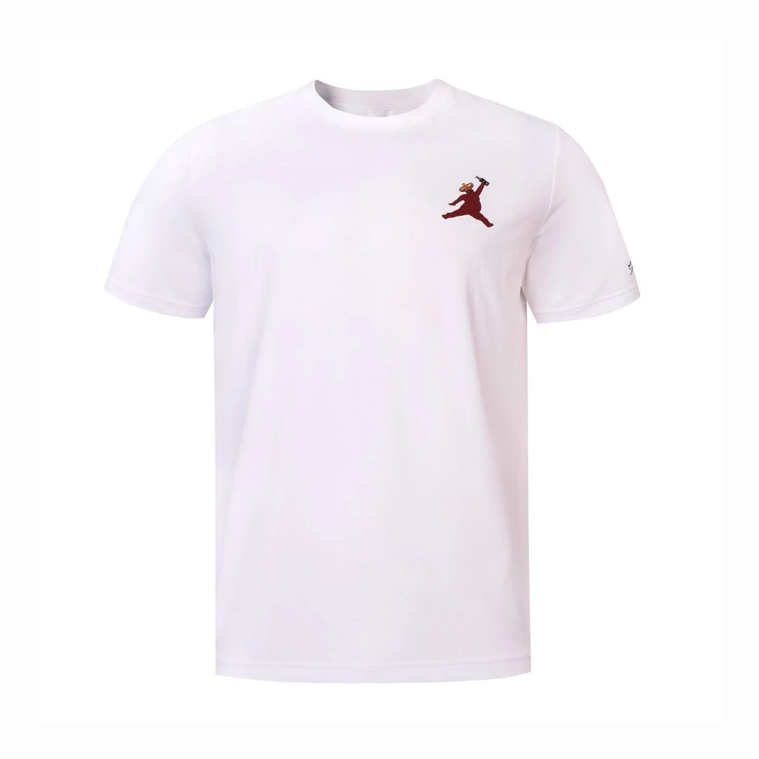 The Grunk Dolfer Drinko De Chunk Tee is a plain white short-sleeved shirt featuring a small maroon graphic of a man swinging a bat on the left chest.