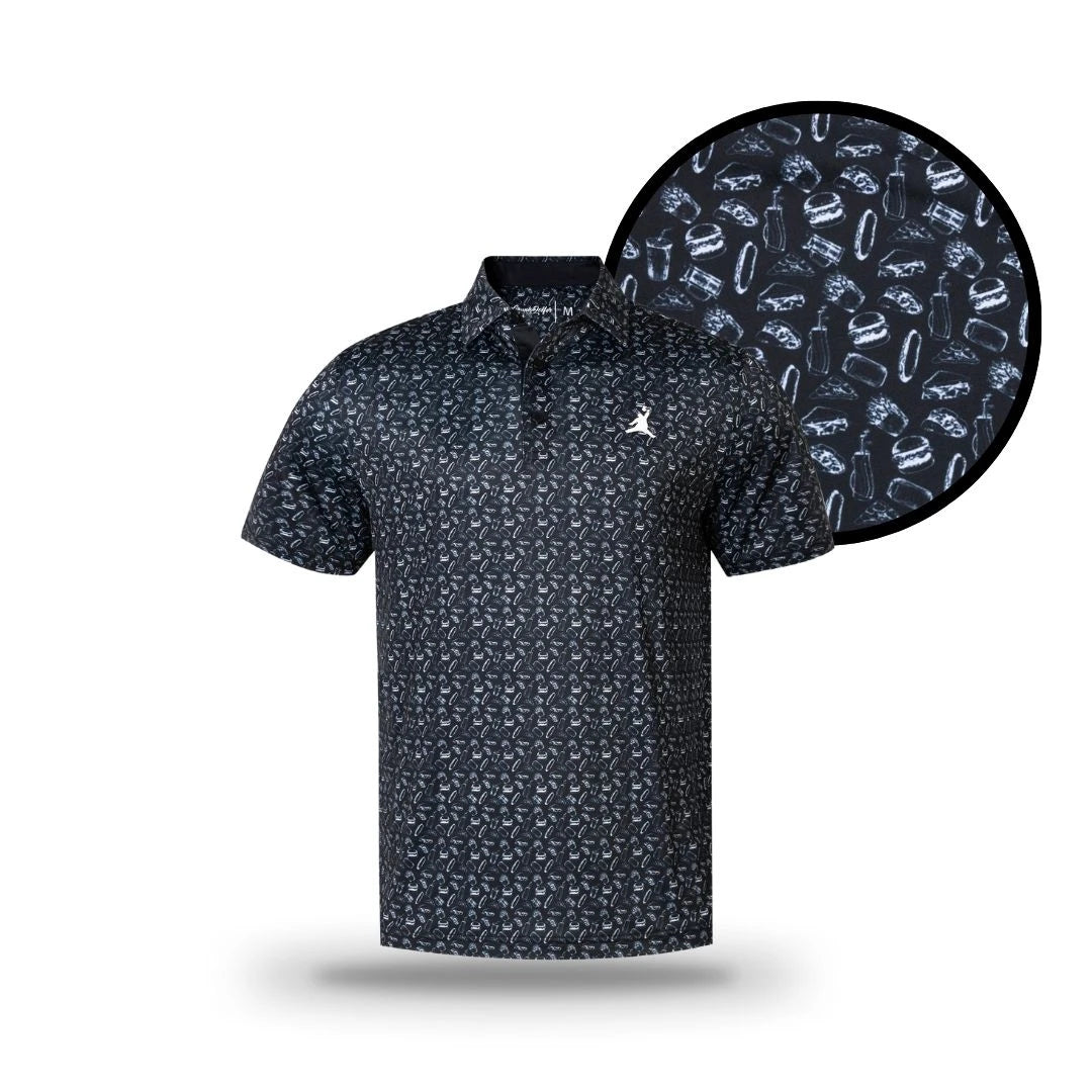 The Grunk Dolfer Member Chunkman is a black short-sleeve polo with a white chest logo and all-over white car pattern, made from performance fabric. This Drinking Club exclusive features a detailed, car-themed design.