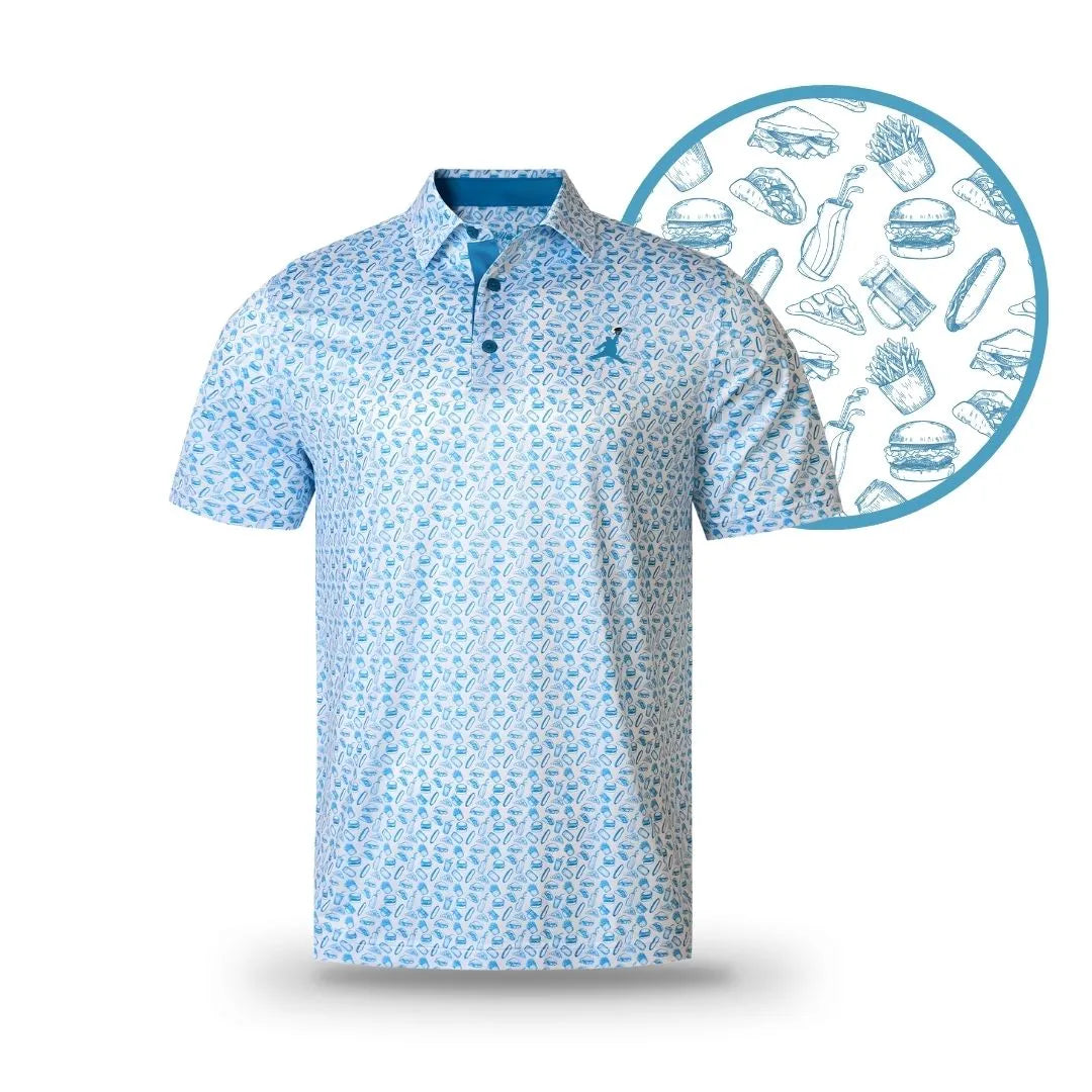 The ChunkMan Polo by Grunk Dolfer is a light blue and white men’s shirt with fun blue food patterns—burgers, fries, beer mugs, hot dogs, pizza slices—ideal for dad-bods who enjoy stylish comfort and good eats.