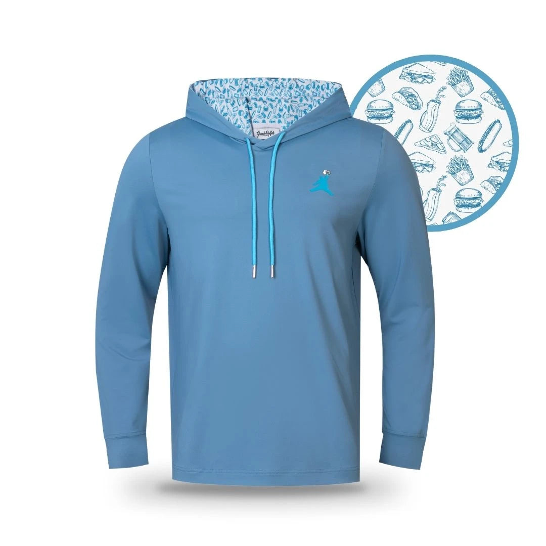 The Grunk Dolfer Blue ChunkMan Hoodie is made from lightweight fabric, featuring a patterned hood lining with fun fast food graphics, a small chest graphic, and matching blue drawstrings for a playful look.