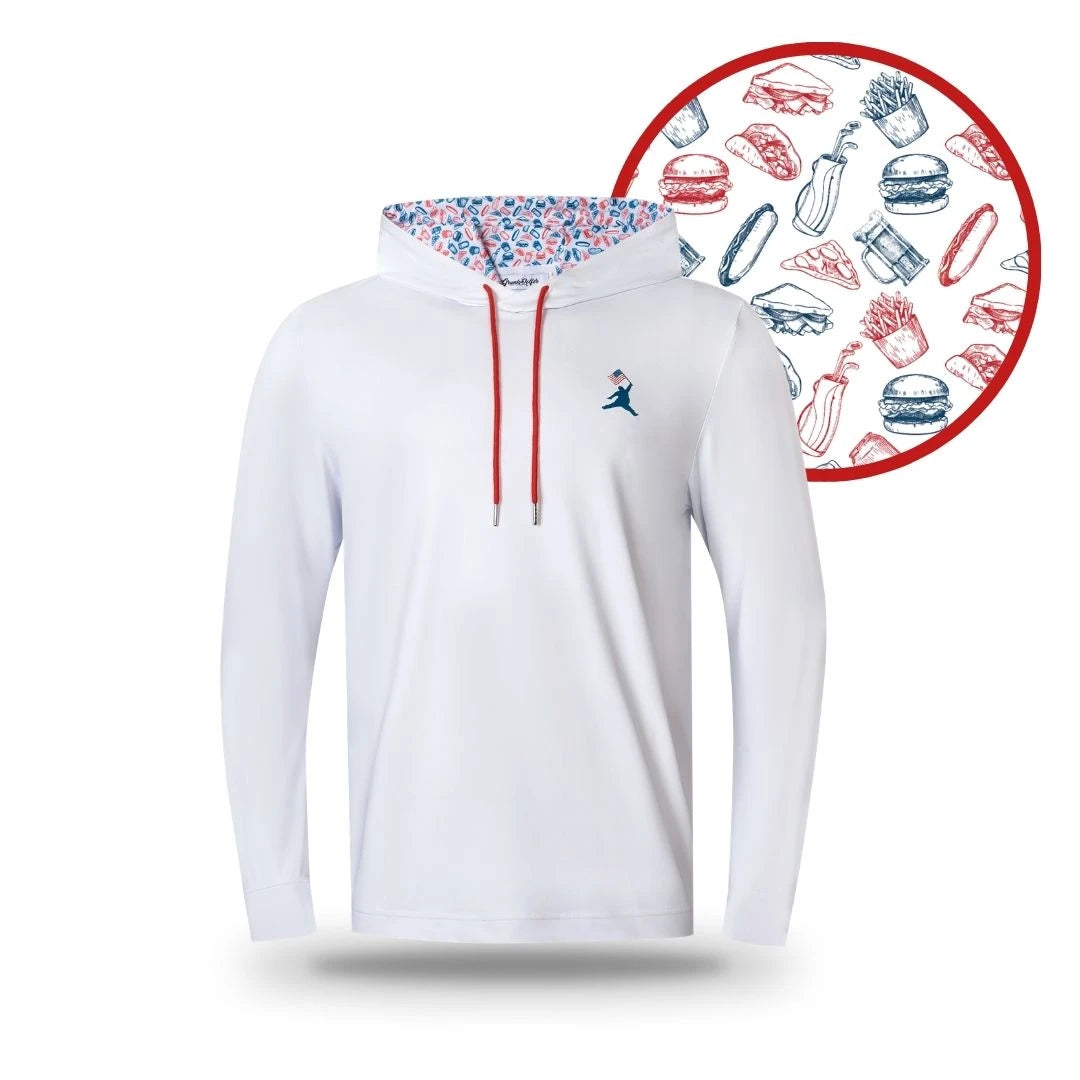 The Grunk Dolfer Patriot Chunkman Hoodie is white with red drawstrings, a blue logo on the chest, and a hood lined with a blue and red food-themed pattern featuring burgers, fries, and more. Circular inset displays the interior design.
