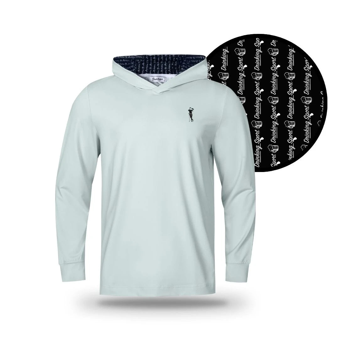 A light gray long-sleeve Drinking Sport Hoodie by Grunk Dolfer with a small black figure logo on the chest. The inner hood lining shows a repeating white script pattern on black, displayed in a circular close-up.