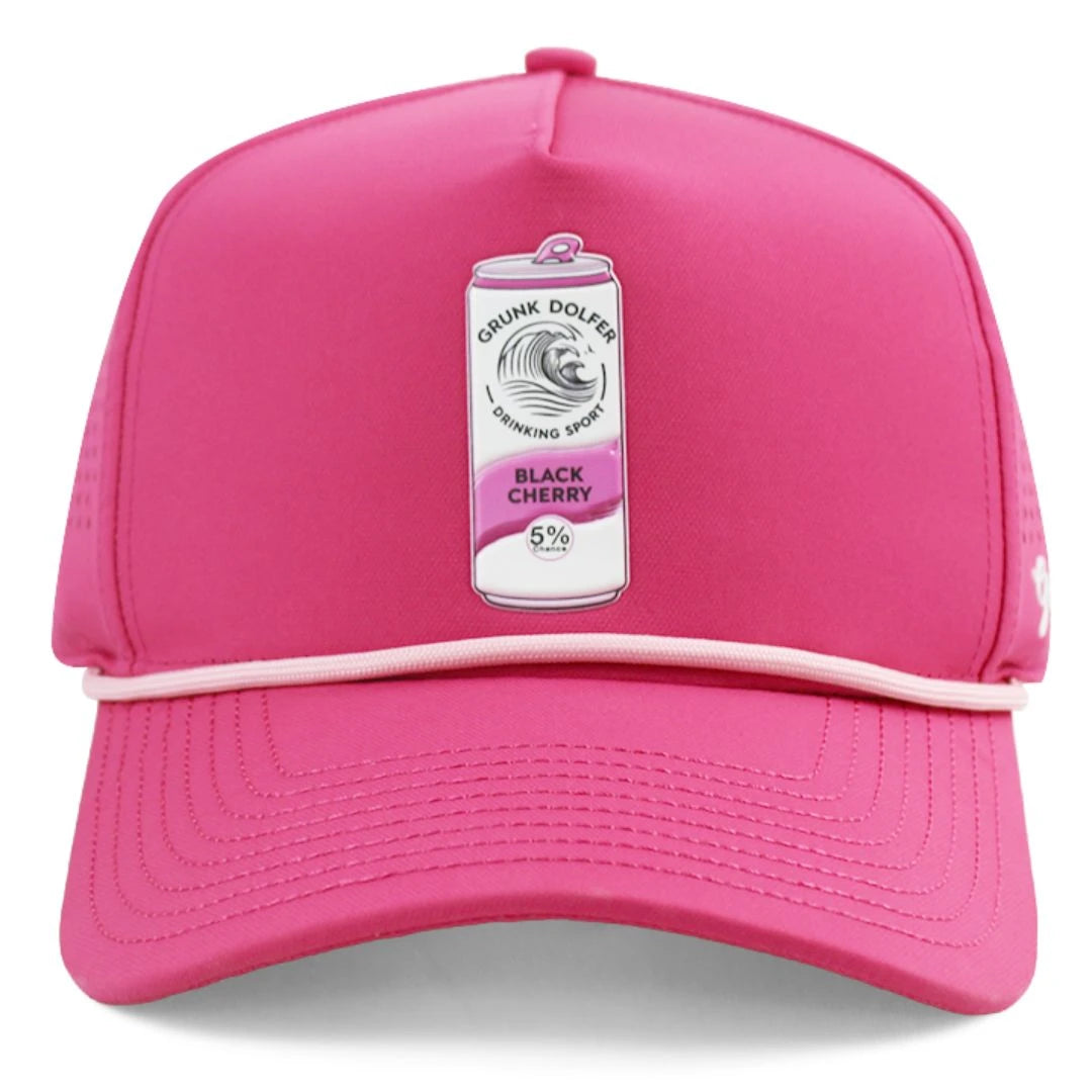 The Grunk Dolfer Grunk Claw Hat is a bright pink golf hat with a white graphic hard seltzer can patch labeled Black Cherry 5%, plus a thin white cord across the brim.