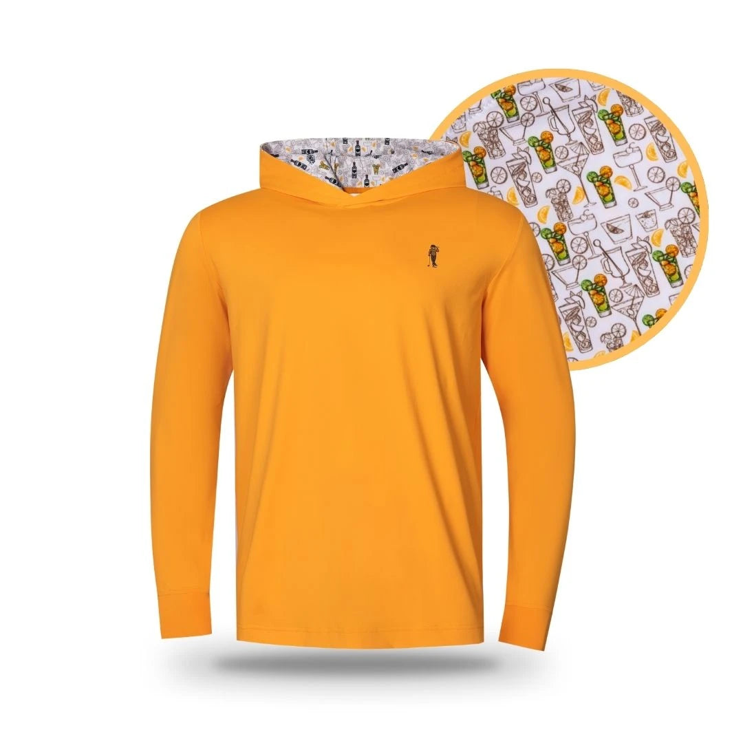 Introducing the Grunk Dolfer Bearly Sober Hoodie in bright orange, featuring a small embroidered logo on the chest. The lined hood showcases a vibrant, playful pattern of assorted fruit and drink illustrations—displayed up close in a circular inset—making it perfect for anyone looking to stand out with unique drinking club apparel.