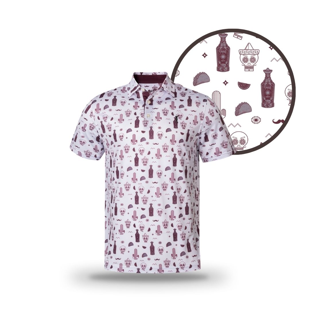 White short-sleeve golf polo by Grunk Dolfer with maroon Mexican-inspired icons—skulls, cacti, tacos, and bottles. A close-up shows the Burgundy Drinko’s playful details and performance fabric.