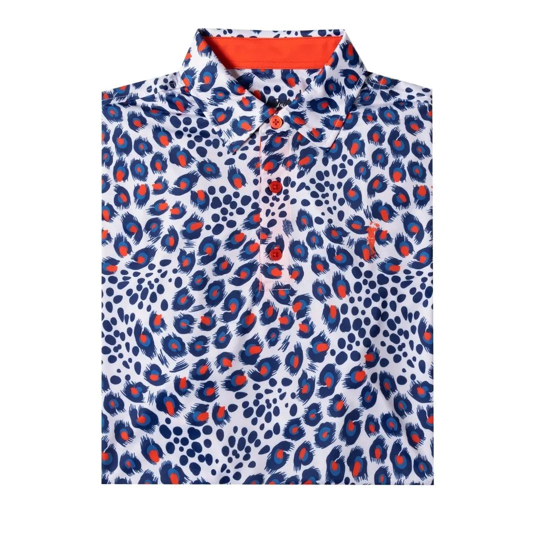 The Acid Leopard by Grunk Dolfer is a collared shirt with a bold blue, white, and bright orange leopard print, orange buttons, and a solid orange lining inside the collar.