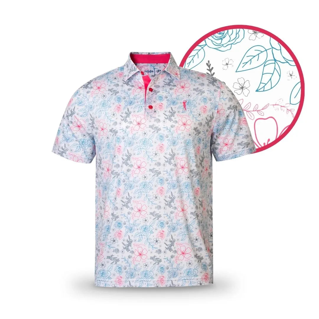 The Grunk Dolfer White Neon Rose polo features short sleeves and a vibrant blue and pink floral pattern, with color-outlined flowers. Pink accents on the inner collar and buttons add a fresh finishing touch.