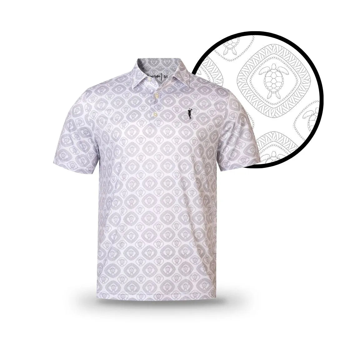 The Grunk Dolfer Tribal Turtle is a short-sleeve, light-colored golf polo with a collar and chest logo, featuring a quirky geometric turtle pattern. A circular inset displays the detailed turtle motif.